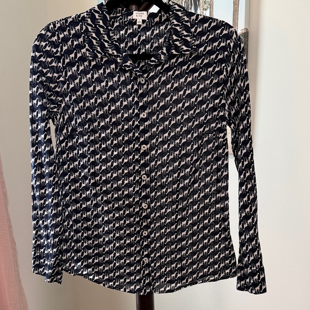 crown & ivy Navy and White Printed Button-Down Shirt